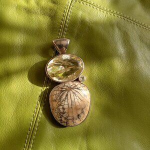 Pendant; fossilized sand dollar, citrine & natural crystal, sterling silver.